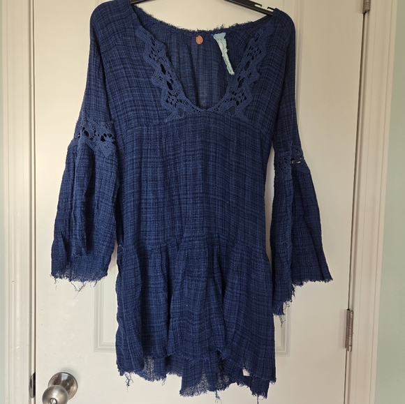 Free People One Marishka Tiny Tent Blue Gauze Tunic Size Medium Flawed - Picture 3 of 9